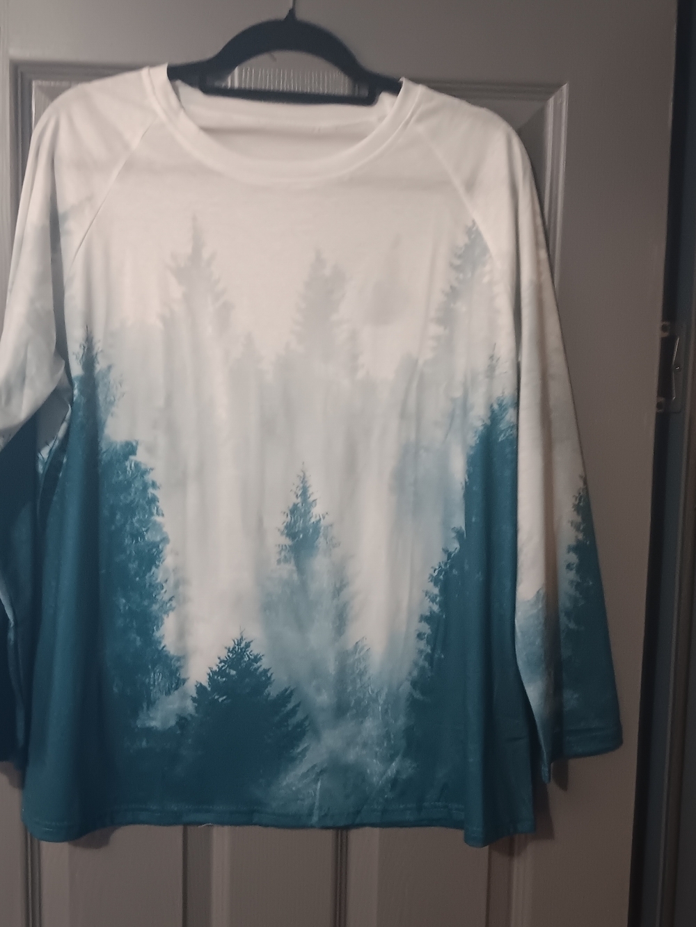 White & Teal Forest Print Long Sleeve Top